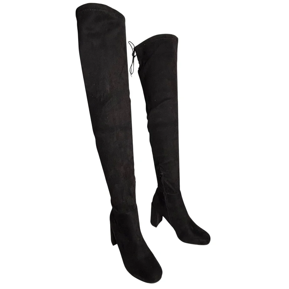 Chinese Laundry Black Suede Lace Up Back Chunky Heel Over The Knee Boots‎ Size 8